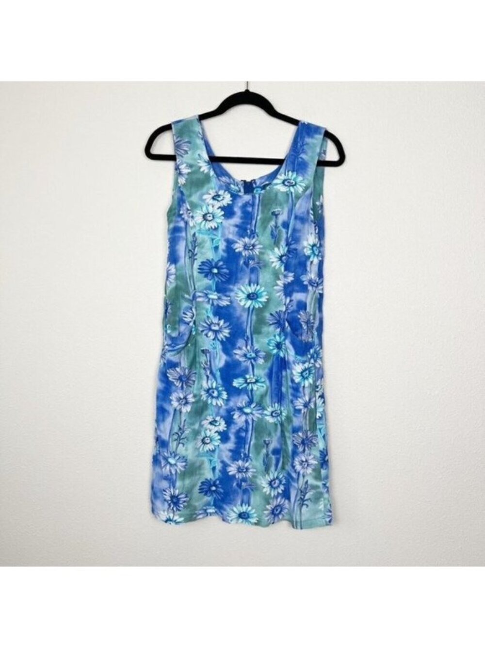 Vtg Jams World Blue Daisy Front Pockets Sleeveless Tank Rayon Dress Womens 9 XS
